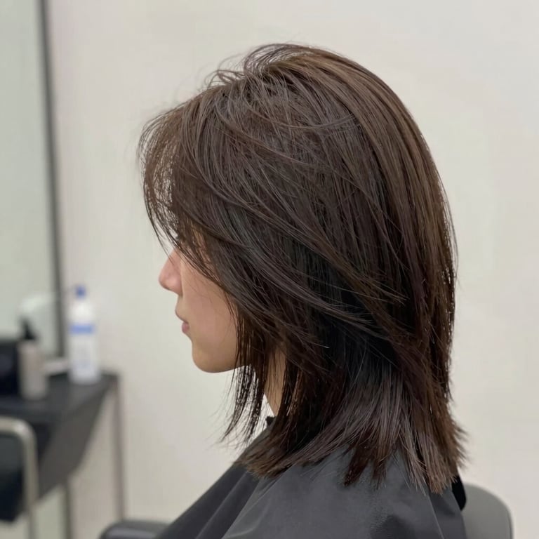 A detailed shot of a sophisticated haircut with a modern finish, soft natural lighting, featuring tones of #F5F9F8 and #2F3E3D.