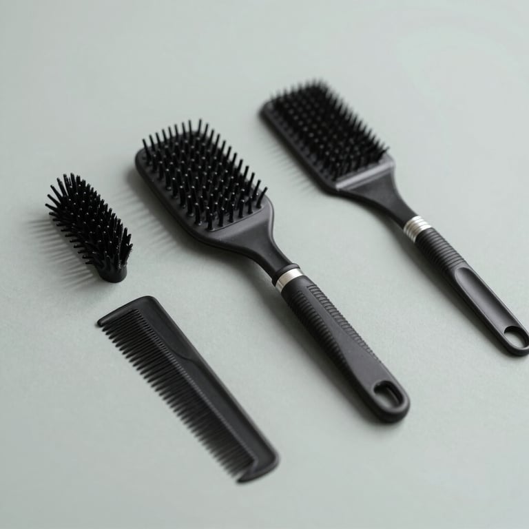 Neatly arranged professional hairdressing tools on a clean #B4C4C3 sage grey surface, symbolizing credibility and order.