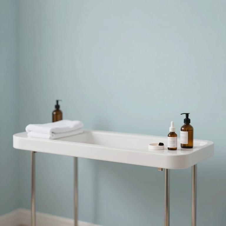 A spa-like pedicure station setup that promises tranquility and an exceptional experience, using a soft #F5F9F8 backdrop.