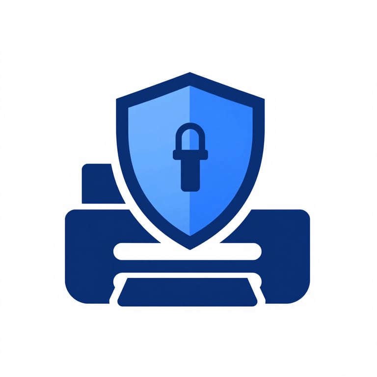 Minimalist illustration of a secure data shield over a printer silhouette using #1B263B.