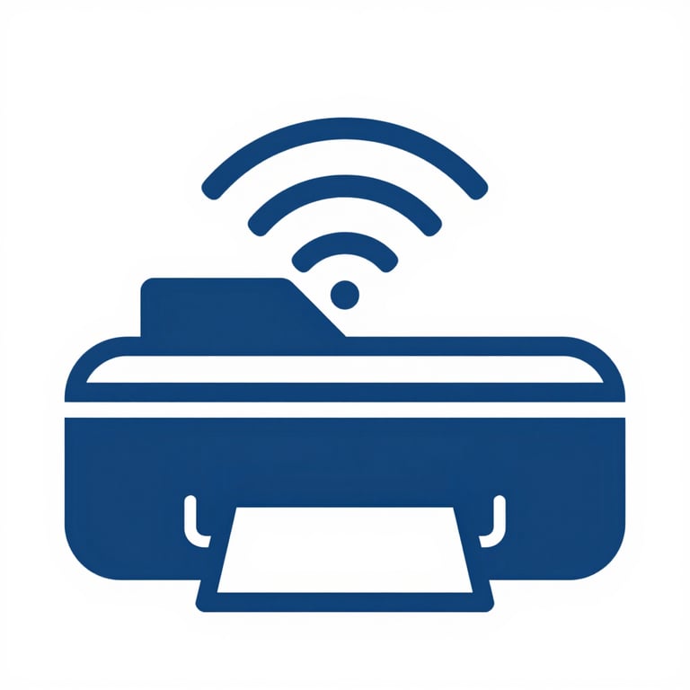 A stylized icon of a printer emitting a secure wireless signal in #415A77 blue.