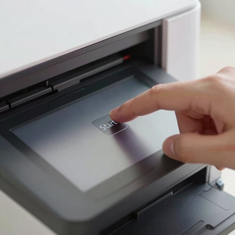 Close-up of a hand pressing a 'Start' button on a modern touchscreen printer panel.