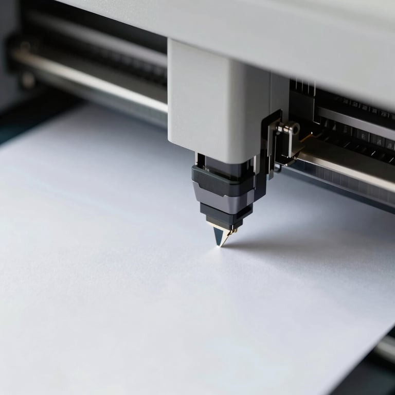 Macro shot of a professional printer head moving across crisp white paper.