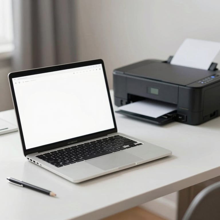 A clean, organized home office desk with a laptop and compact printer in soft daylight.