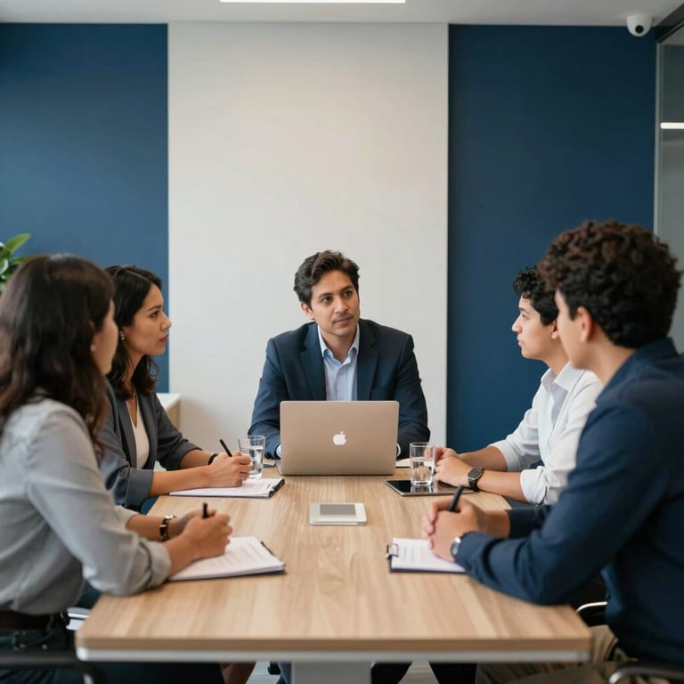 A group of South American / Brazilian professionals in a brainstorming session in a modern office with navy blue and soft off-white decor.
