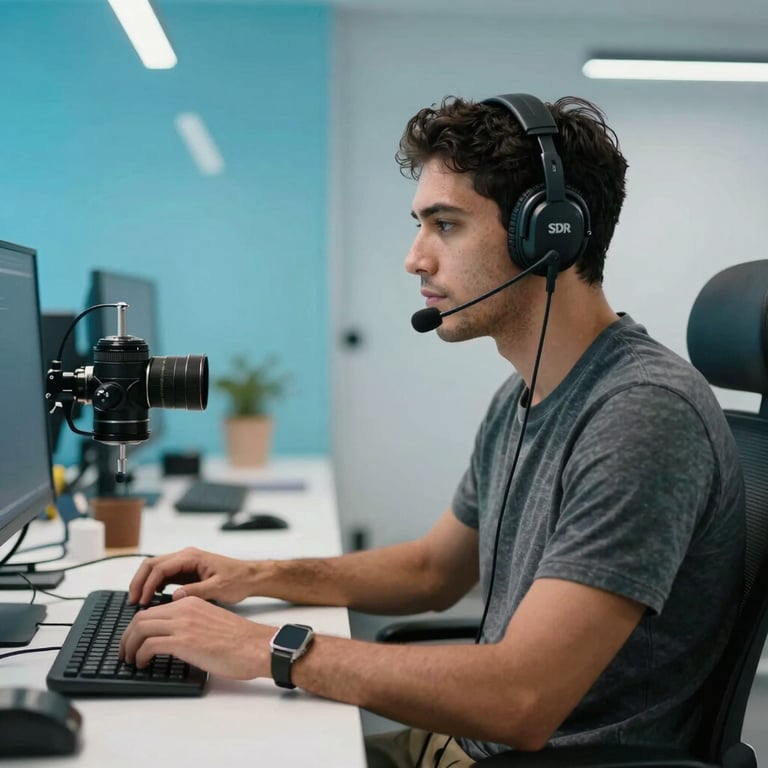 A professional South American / Brazilian SDR working with a headset in a brightly lit, innovative workspace with cyan blue accents.