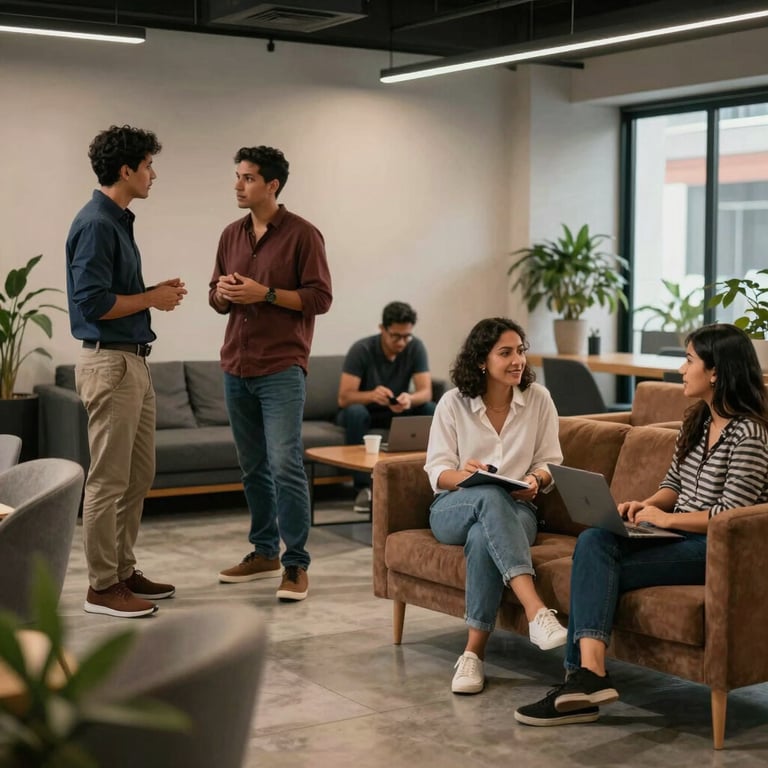 A collaborative workspace with South American / Brazilian employees talking in the background of a modern, stylish lounge area.