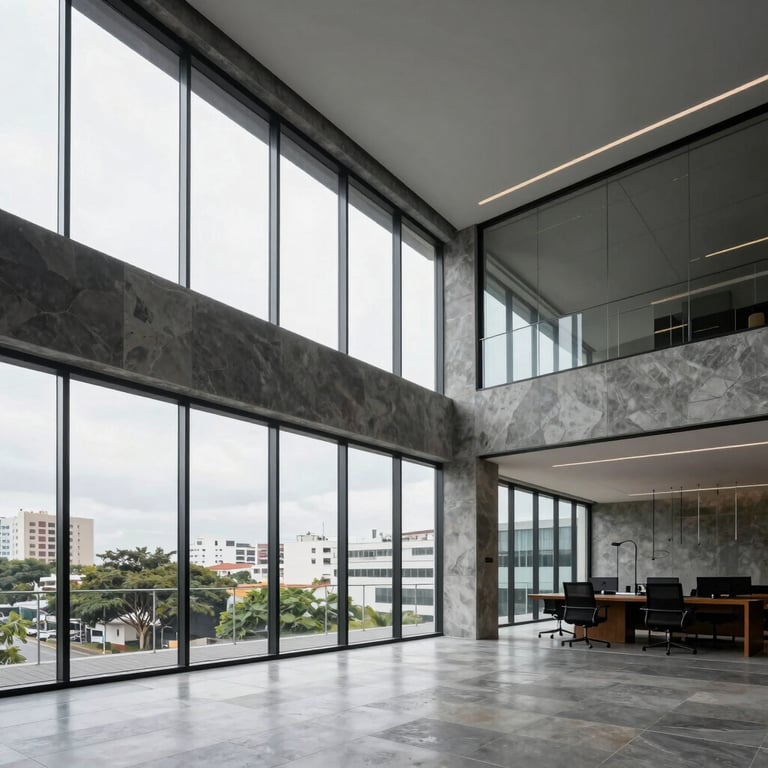 Wide shot of a modern, sleek office building interior in Brazil with large windows and slate grey architectural elements.