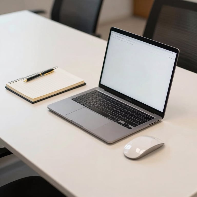 A clean, minimalist workstation in a Brazilian tech company featuring a laptop and a notebook on a soft off-white desk.