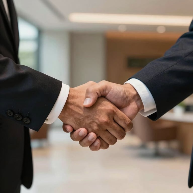 Close-up of a professional handshake between two businesspeople in a modern South American / Brazilian lobby, professional lighting.