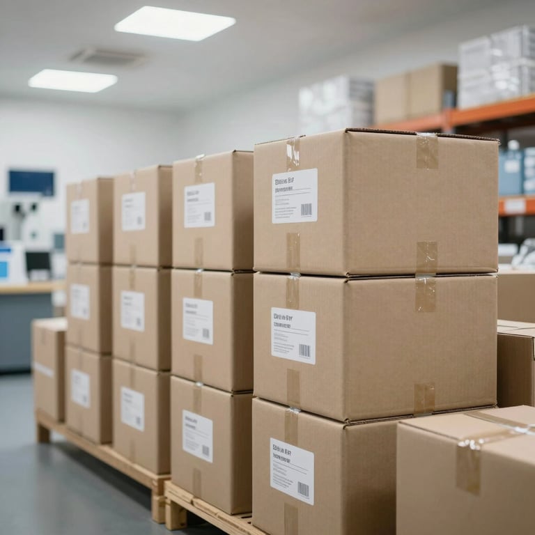 Well-organized medical supply boxes in a clean, modern warehouse with bright lighting.