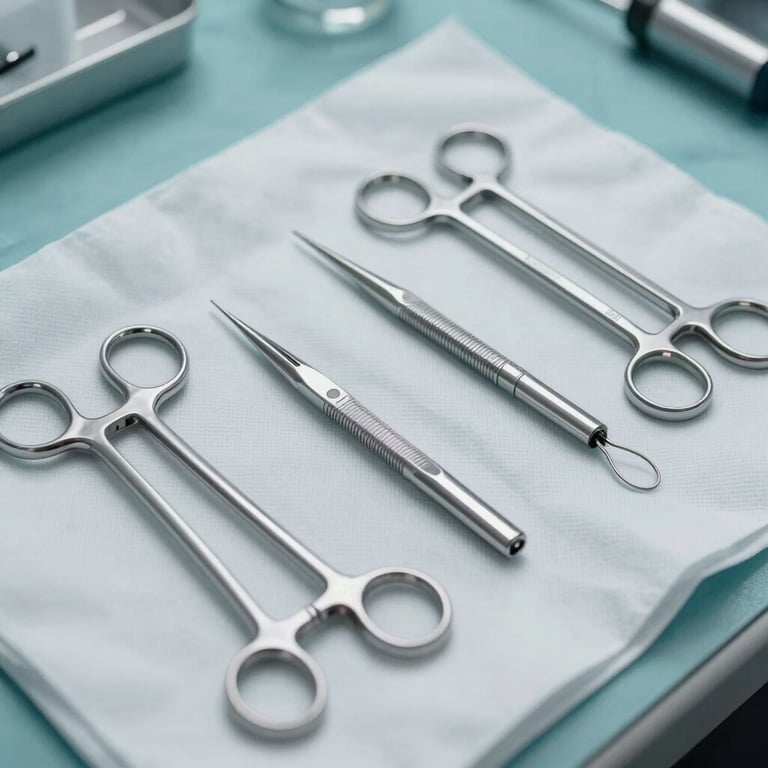 A collection of high-quality surgical tools neatly arranged on a sterile cloth, professional and clean aesthetic.