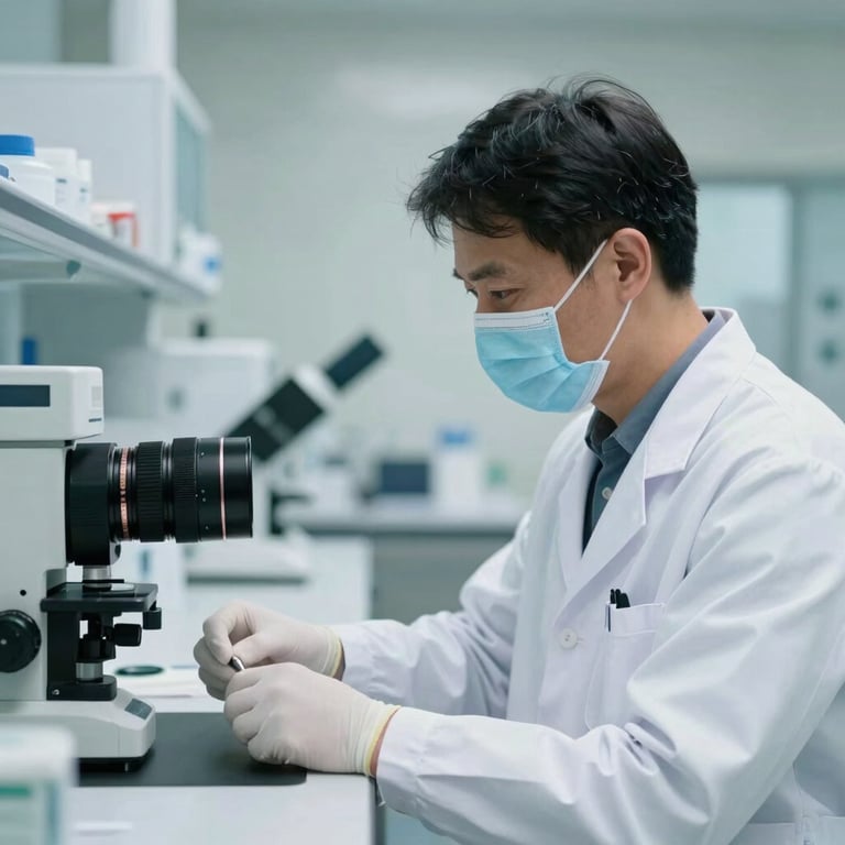 A healthcare professional in a white lab coat working in a bright laboratory with muted teal accents.
