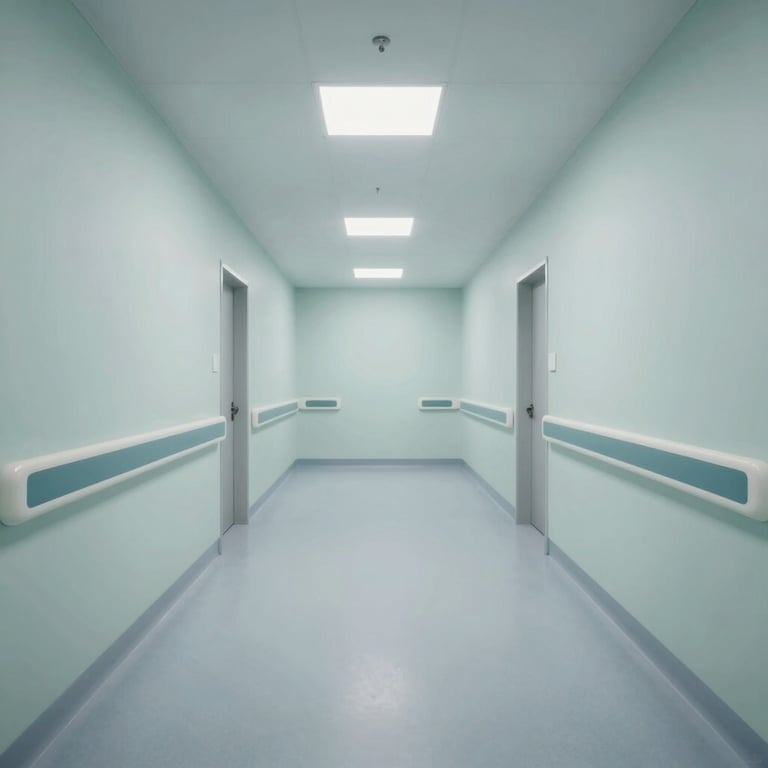 A sterile hospital corridor with bright lighting and pale mist colored walls, representing a modern healthcare facility.