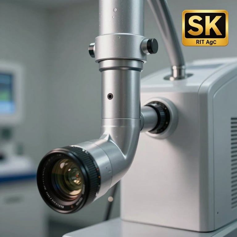 Close-up of a modern medical laser device with sleek metallic finishes and professional lighting.
