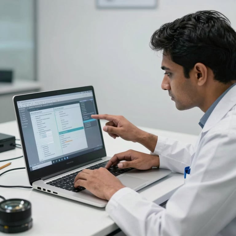 A South Asian technician testing a bright laptop screen with diagnostic software in a modern, clean environment.