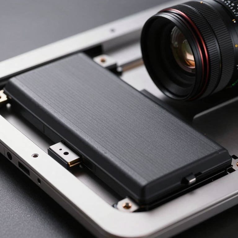 Close-up of a new laptop battery being carefully installed into a modern device frame.