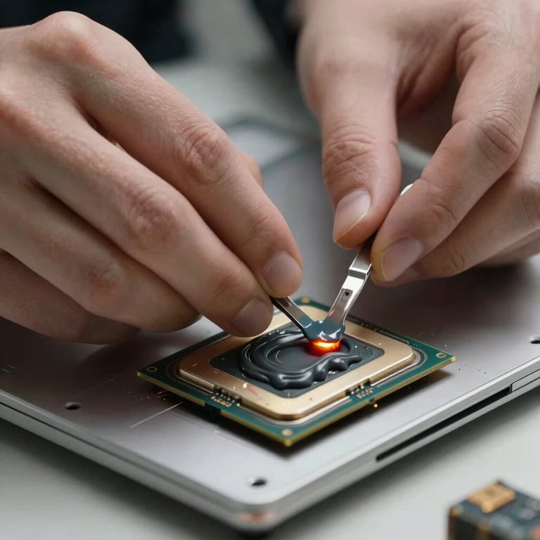 Hands of a technician applying thermal paste to a laptop processor with surgical precision, soft lighting.