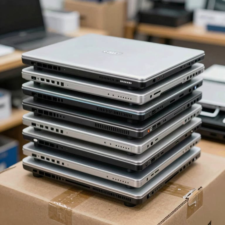 A stack of professionally repaired laptops, cleaned and ready for customer pickup in a trustworthy shop setting.