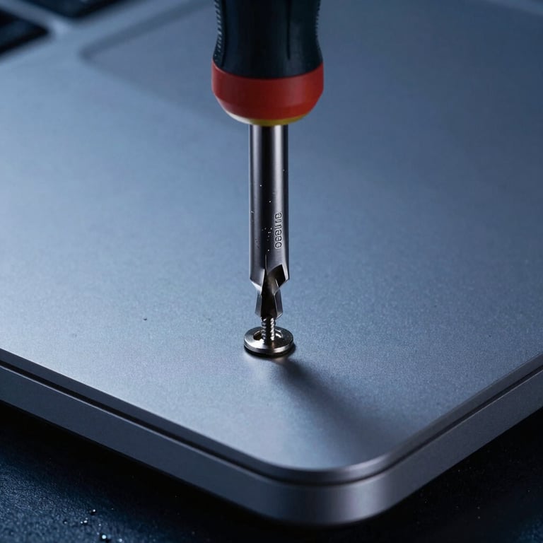 A macro shot of a precision screwdriver removing a screw from a sleek laptop casing, professional lighting, steel blue background.