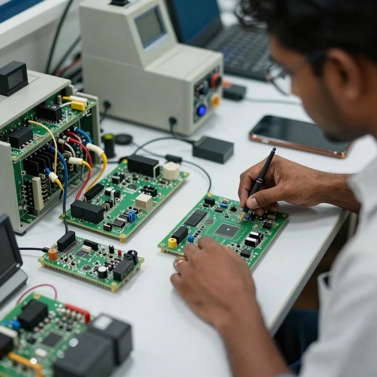 A tidy workstation in Thane with organized electronic components and a South Asian technician's hands visible.