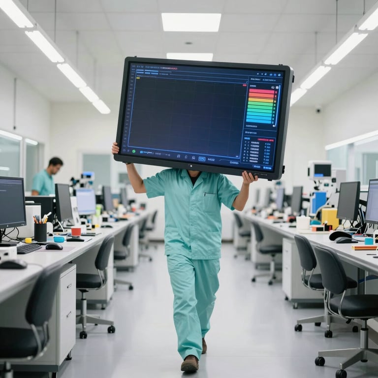 A wide shot of a technician in a pale turquoise uniform carrying a large OLED screen through a brightly lit repair facility in Dubai.