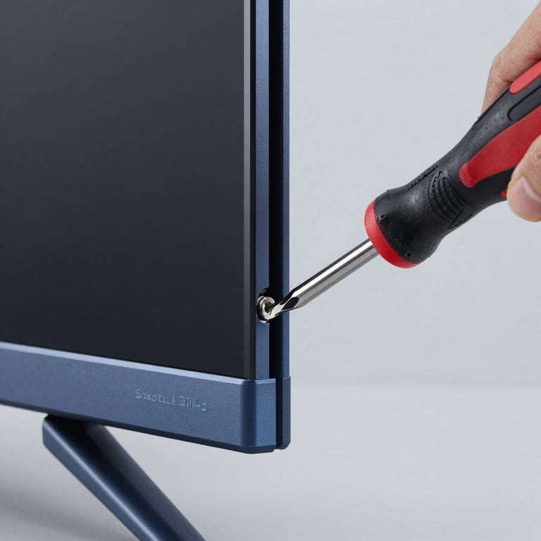 Close-up photography of a specialized screwdriver removing a screw from a modern Smart TV casing, slate blue and light gray background.