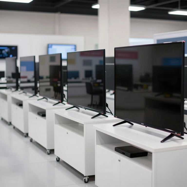 A row of various brands of televisions on diagnostic stands being tested simultaneously in an organized Middle Eastern / Gulf tech center.