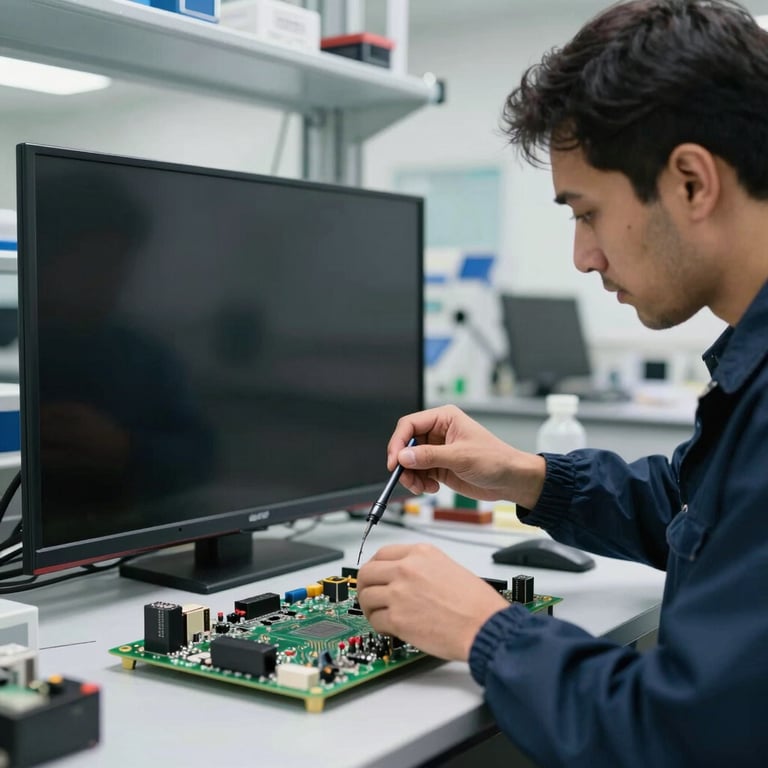 A professional technician inspecting a circuit board of a flat-screen TV in a clean laboratory setting, Middle Eastern / Gulf workshop.