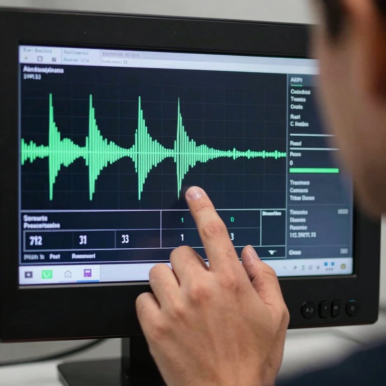 Close-up of a digital diagnostic screen showing frequency waves, being monitored by a technician's hand, dark navy environment.
