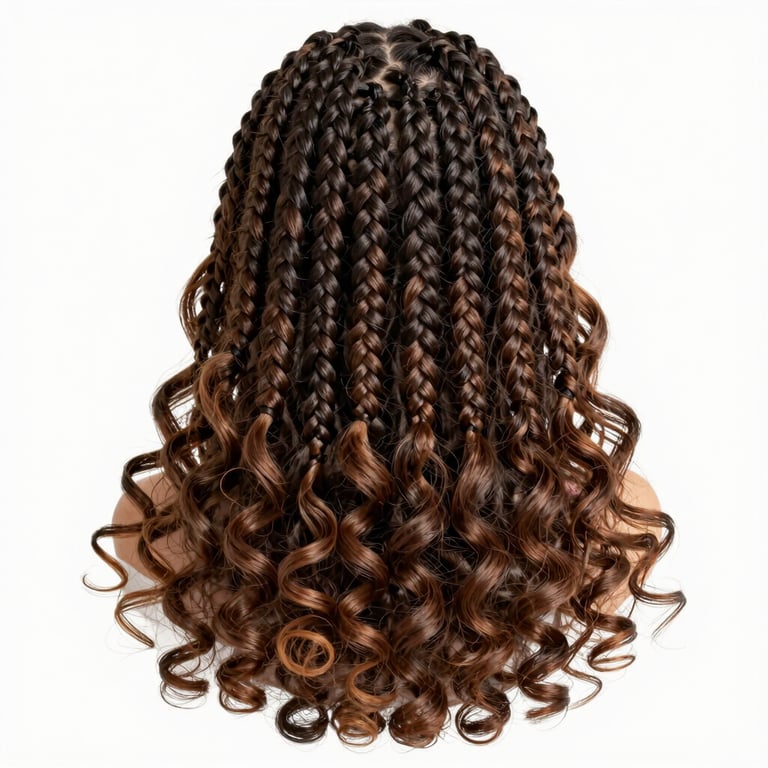 Close-up of Gypsy Braids with curly ends, highlighting the texture and quality of the synthetic fiber used by Suellen.