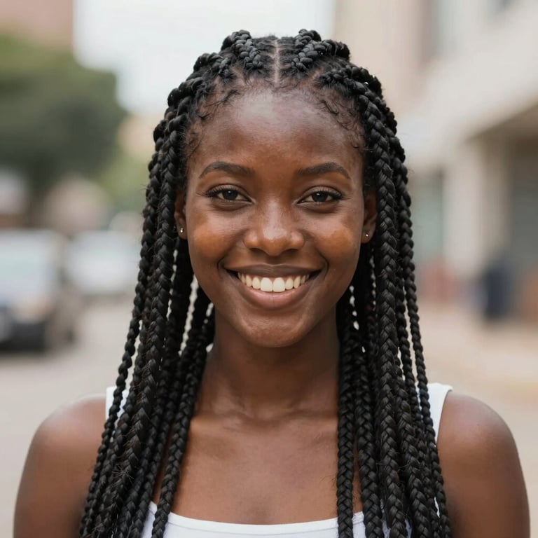 Model wearing intricate Fulani Braids with a confident smile, captured in soft, natural daylight reflecting a professional mood.