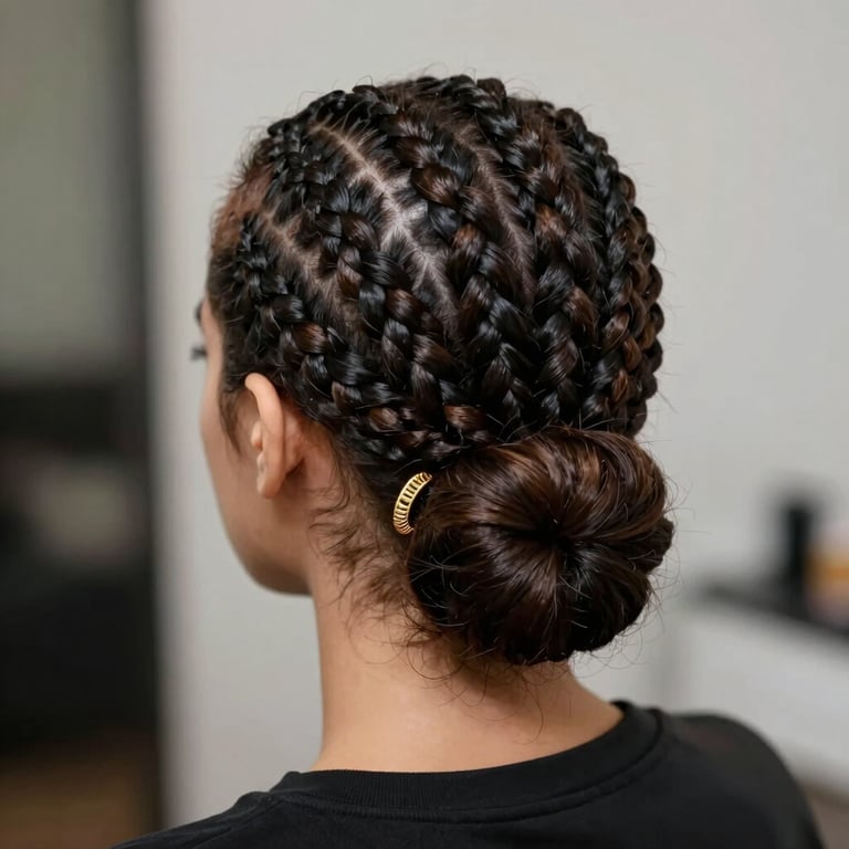 Artistic shot of Box Braids styled in an elegant updo, featuring subtle gold accessories for a touch of luxury.