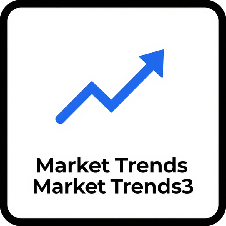 A minimalist icon representing 'Market Trends' using sleek blue vector lines and #5E80A0 highlights on a white background with a 2px black border.