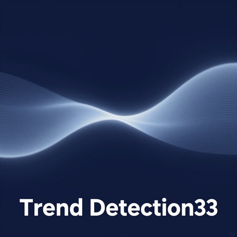 A 'Trend Detection' visual using a soft-glow wave pattern in #5E80A0 against a deep #0A1E37 space.