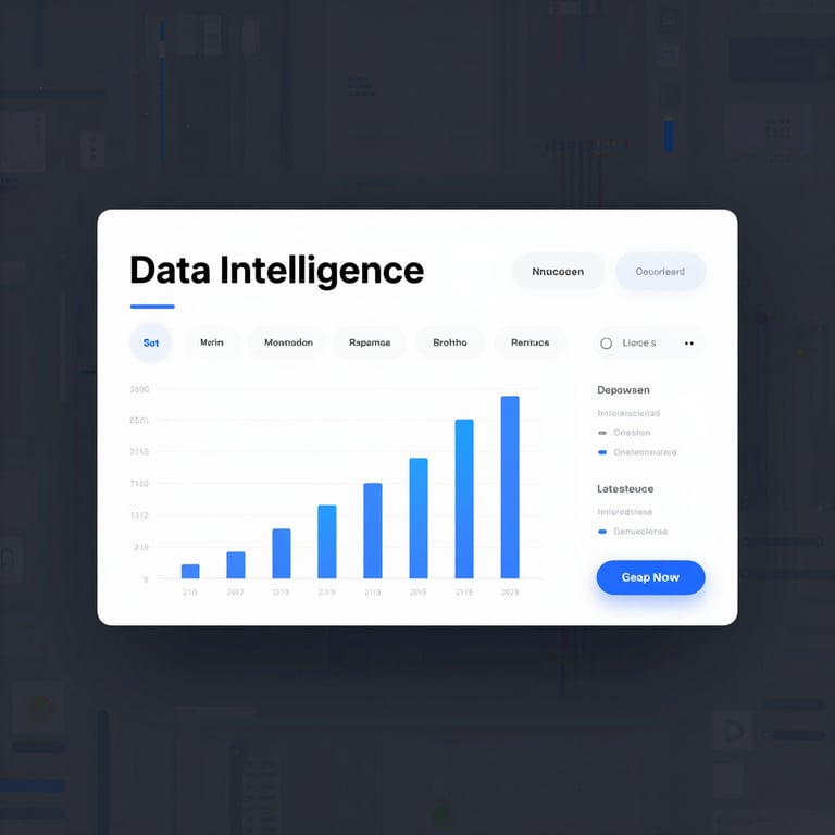 A minimalist 'Data Intelligence' dashboard preview with simple bar charts and a premium, modern SaaS feel.