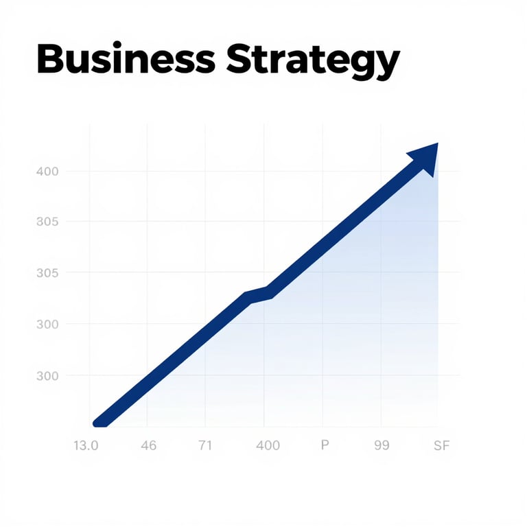 A professional 'Business Strategy' visualization showing a clean grid layout with a single highlighted growth path in #0A1E37.