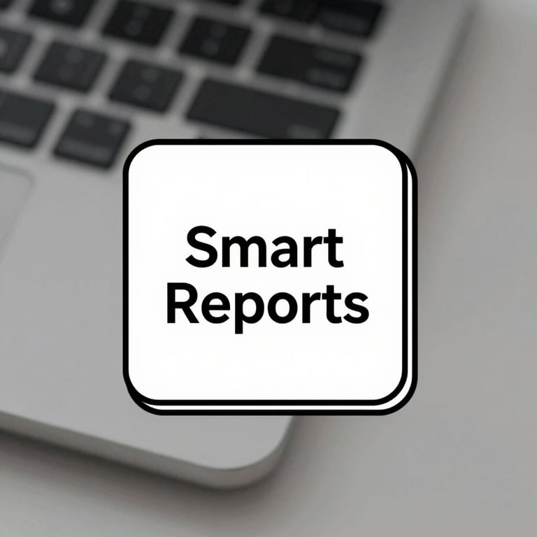 A high-end 'Smart Reports' icon showing a stack of digital cards with clean typography and black borders.