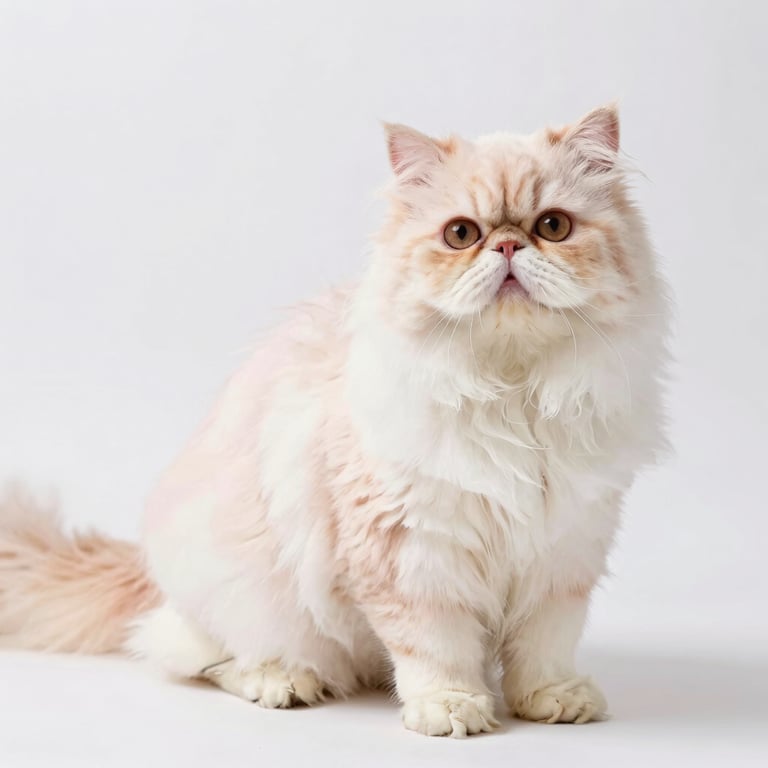 The same Persian cat after a luxurious de-shedding treatment and sanitary trim, looking relaxed with a silky, glowing coat, white background