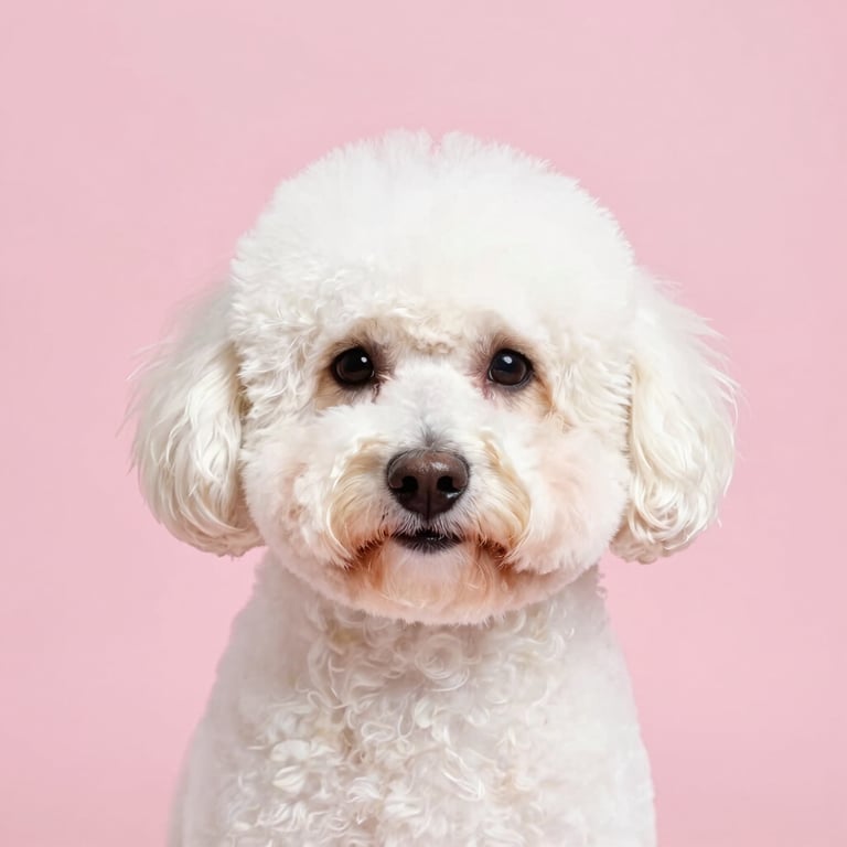Close-up of the same golden doodle after grooming, perfectly hand-scissored round face, clean fluffy coat, soft pink background, high-end editorial pet photography