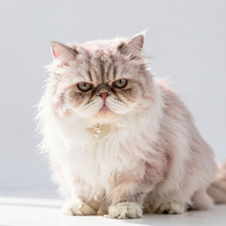 A long-haired Persian cat with dull, shedding fur before grooming, soft natural light