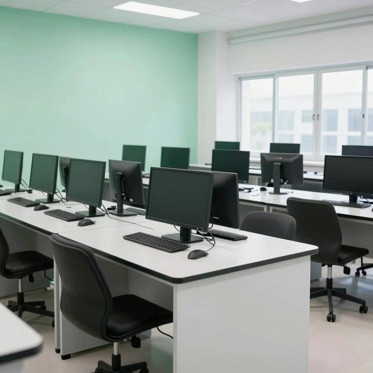 A wide shot of a bright, modern computer lab with seafoam green and white colors, designed for young students.
