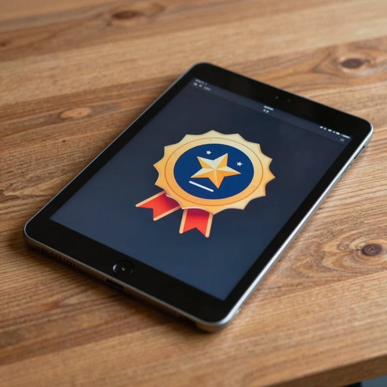 A digital tablet lying on a wooden table, displaying a colorful achievement badge from a coding course.