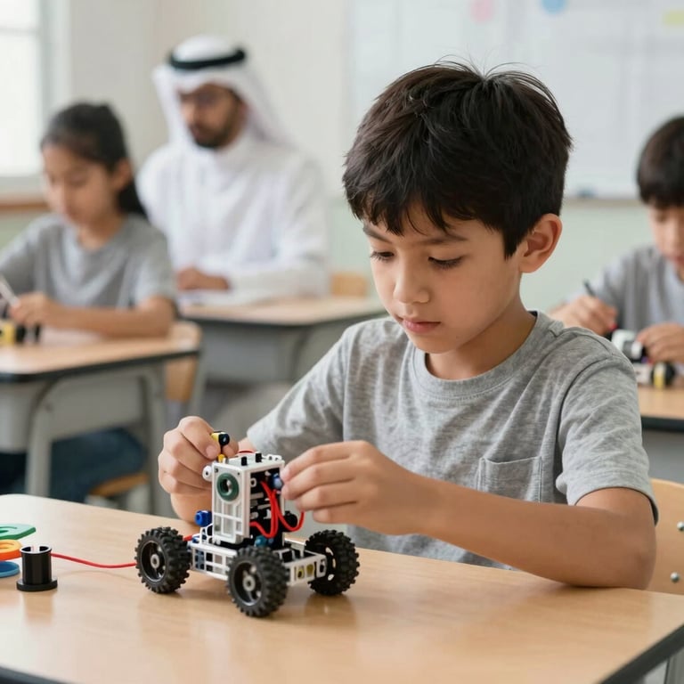 A young boy in a modern Gulf classroom successfully assembling a small educational robot kit.