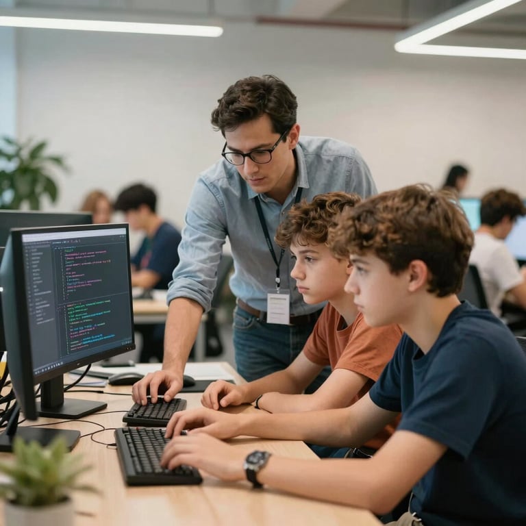 A collaborative session where a mentor is guiding two teenagers through a complex programming problem in a vibrant office space.