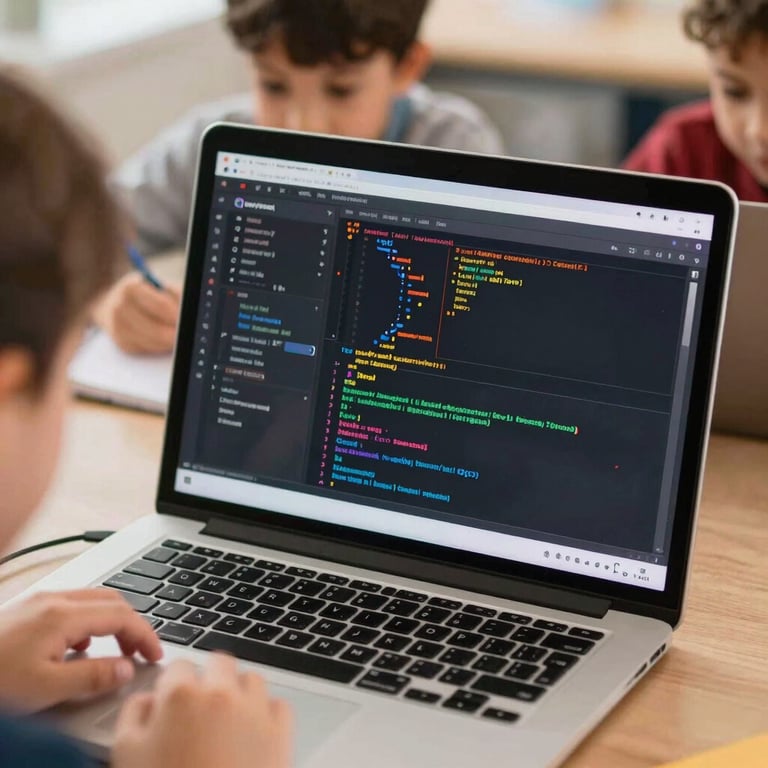 A close-up of a laptop screen showing a colorful visual coding interface for kids, with blurred student hands in the background.