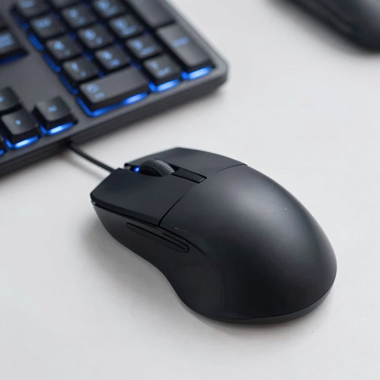 Detailed photography of a computer mouse and keyboard with glowing soft blue backlighting on a clean white desk.