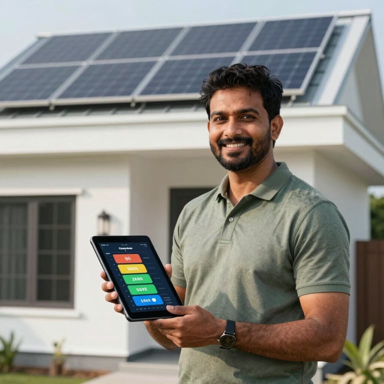 A smiling South Asian / Indian homeowner holding a tablet displaying energy savings data, standing in front of a modern home with solar panels installed on a white roof.