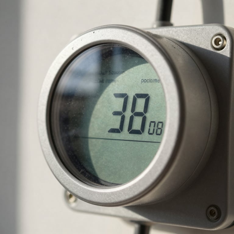 A close-up shot of a modern digital energy meter showing reduced electricity consumption, brightly lit by natural solar light.