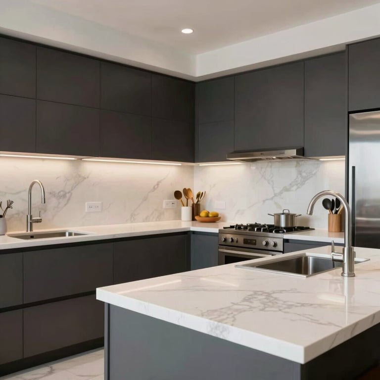 A bright, modern kitchen in a high-end South Asian apartment with white marble countertops and dark charcoal cabinetry.